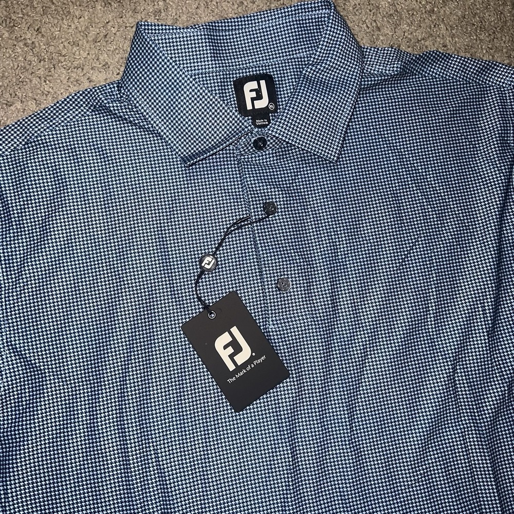 NWT Footjoy Golf Shirt Men XL Heather Lisle Houndstooth Easy Care Polo Blue